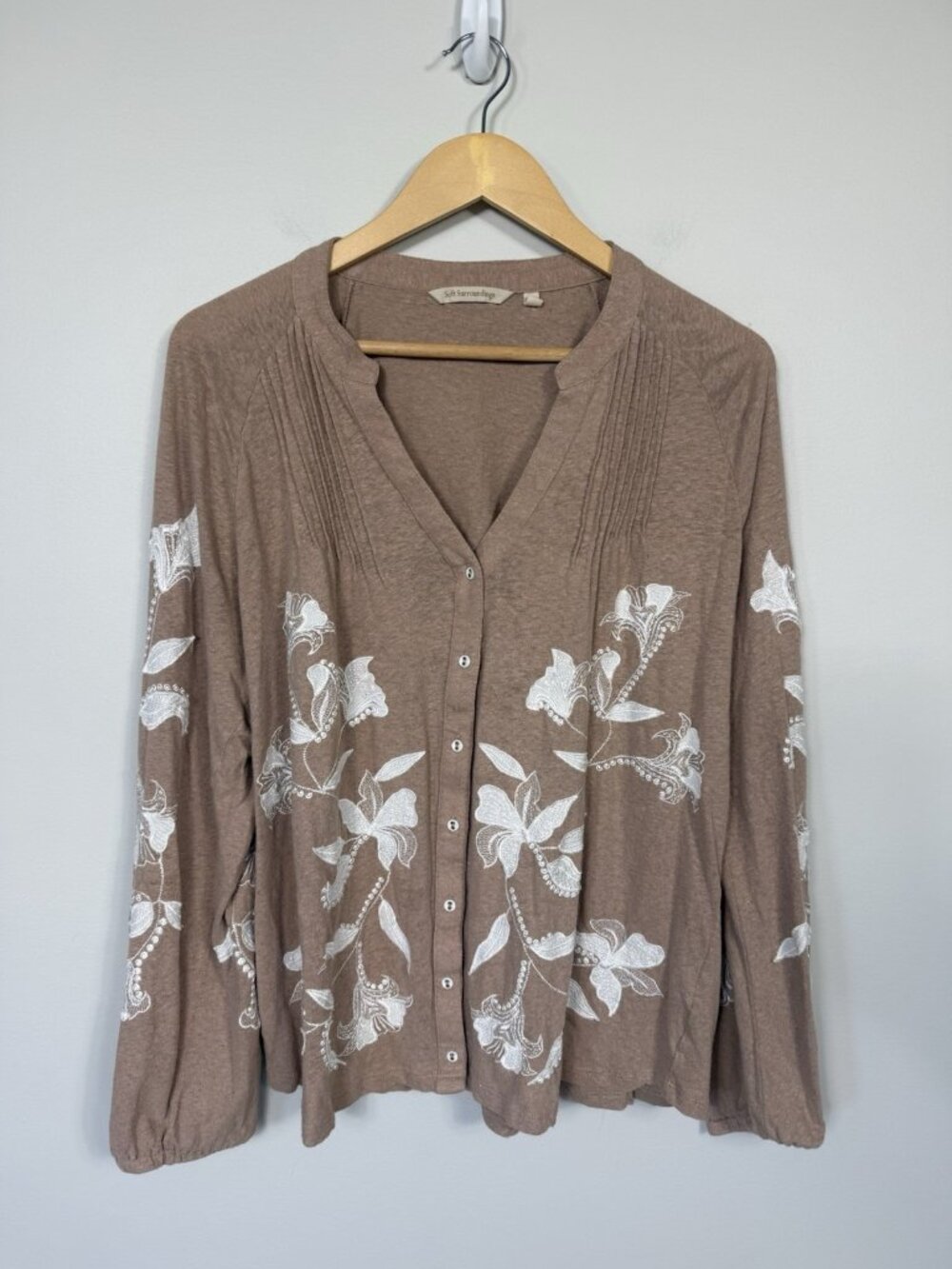 Soft Surroundings Linen Cotton Blouse Brown White Embroidered Floral Fall XL